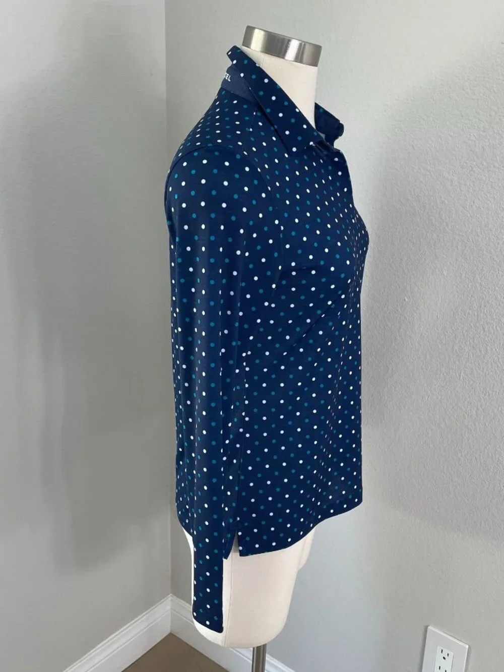 Louis Castel Womens 95 US Small Navy Polka Dot‎ Long Sleeve Golf Polo Shirt Top